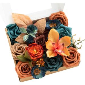 Ling's moment Terracotta Artificial Flowers and Greenery Combo Box Set, Teal & Terracotta Fake Flower for DIY Wedding Bridal Bouquet, Centerpieces Decor, Floral Arrangement Decor, etc (Mini)