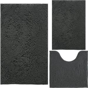 BOANKODU Bathroom Rugs Chenille Bath Mat Set 3-Piece Bath Rugs for Bathroom Extra Soft Bath Mats for Bathroom Non Slip Absorbent Shag Machine Washable, Strong PVC Underside (Grey)