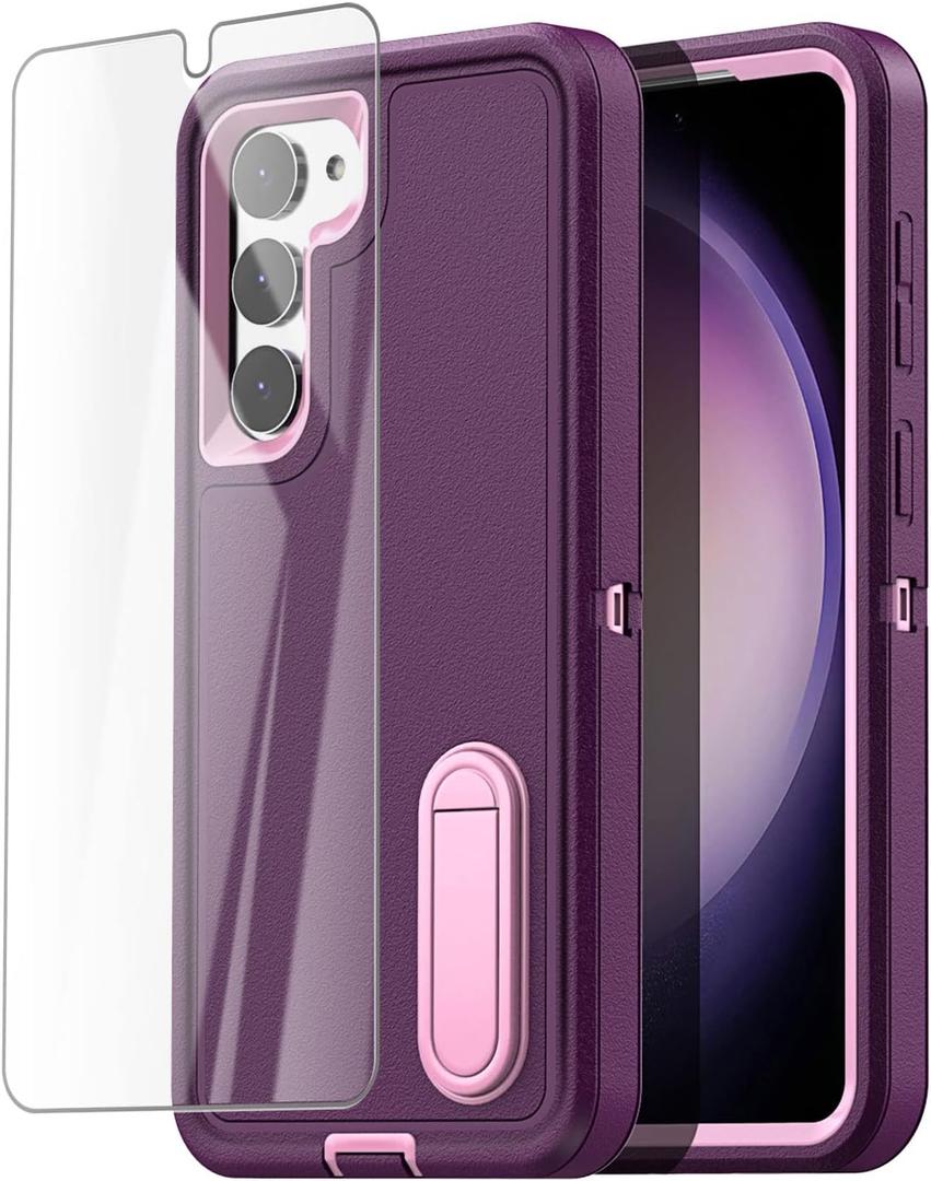 AICase for Samsung Galaxy S23 Plus Case Built-in Kickstand with Glass Screen Protector,Heavy Duty Drop Protection Full Body Rugged Shockproof Military Protective Tough Durable S23+Plus 6.6"_4 (Burgundy/Light Coral+Glass Protector/Camera Lens)