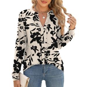 Micoson Womens Tops Dressy Casual Long Sleeve Business Shirts V Neck Pleated Work Blouses Loose Fit Fall Trendy Knit Top (Large, Apricot_black Floral)