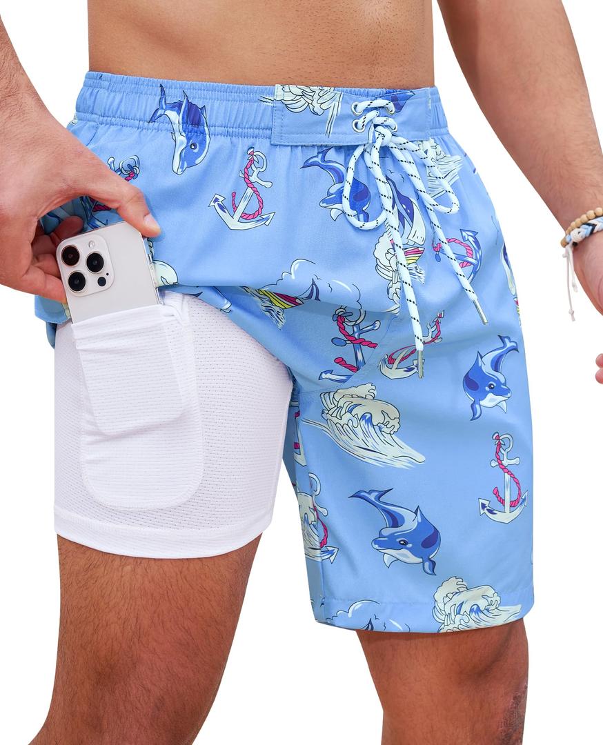 Mens Swim Trunks 7 Inch Swimwear for Men Compression 2 in 1 Soft Stretchy Quick Dry Comfort Drawstring Light Blue Voyage Pockets Beach Pool 4-Way Breathable Son Husband Boyfriend Summer (Blue, XL)
