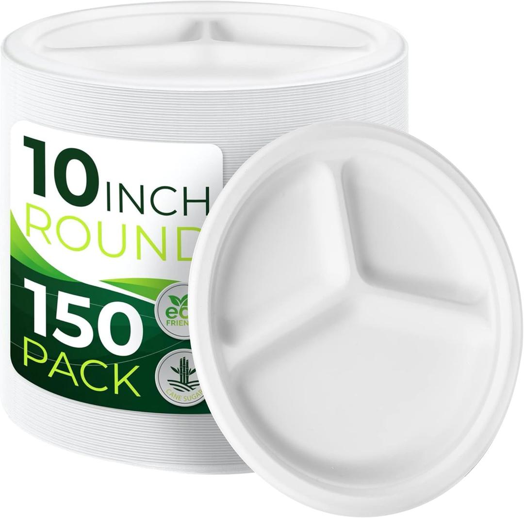 150-Piece 100% Compostable 10in Paper Plates, 3-Compartment Heavy Duty Disposable Eco-Friendly Biodegradable Sugarcane Fiber Plates (White)