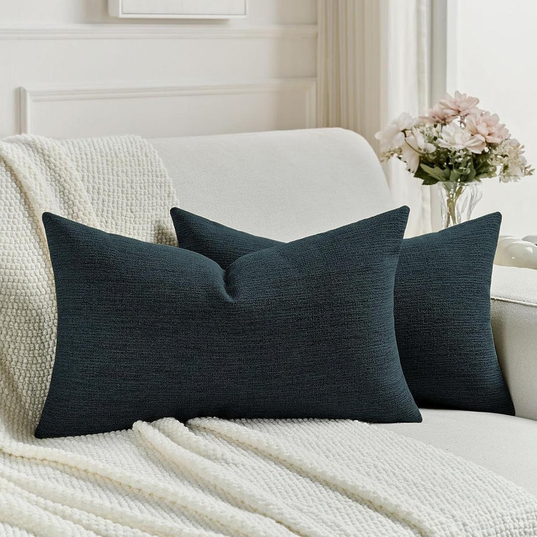 FUTEI Pack of 2 Chenille Decorative Throw Pillow Covers 12x20 Inch,Soft Cozy Faux Linen Textured Lumbar Pillow Cases,Farmhouse Home Decor for Couch Living Room,Navy Blue
