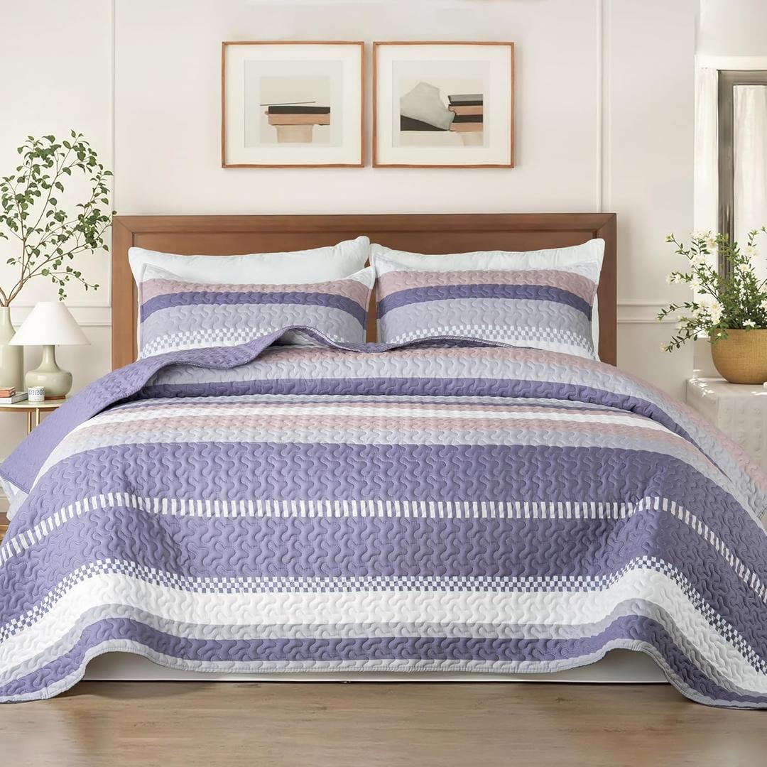 Whale Flotilla Full Queen Size Quilt Set - Reversible Purple Quilts Queen Size with 2 Pillow Shams, Lightweight Boho Striped Bedspreads Coverlet Bedding Set for All Seasons