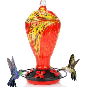 Hummingbird Feeder 32 OZ Hummingbird Feeders for Outdoors Hanging Attractive Hand Blown Glass 5 Feeding Ports & Metal Base Ant Moat Hook Leakproof Gasket Anti-Rust Feeder for Garden Backyard Dcor