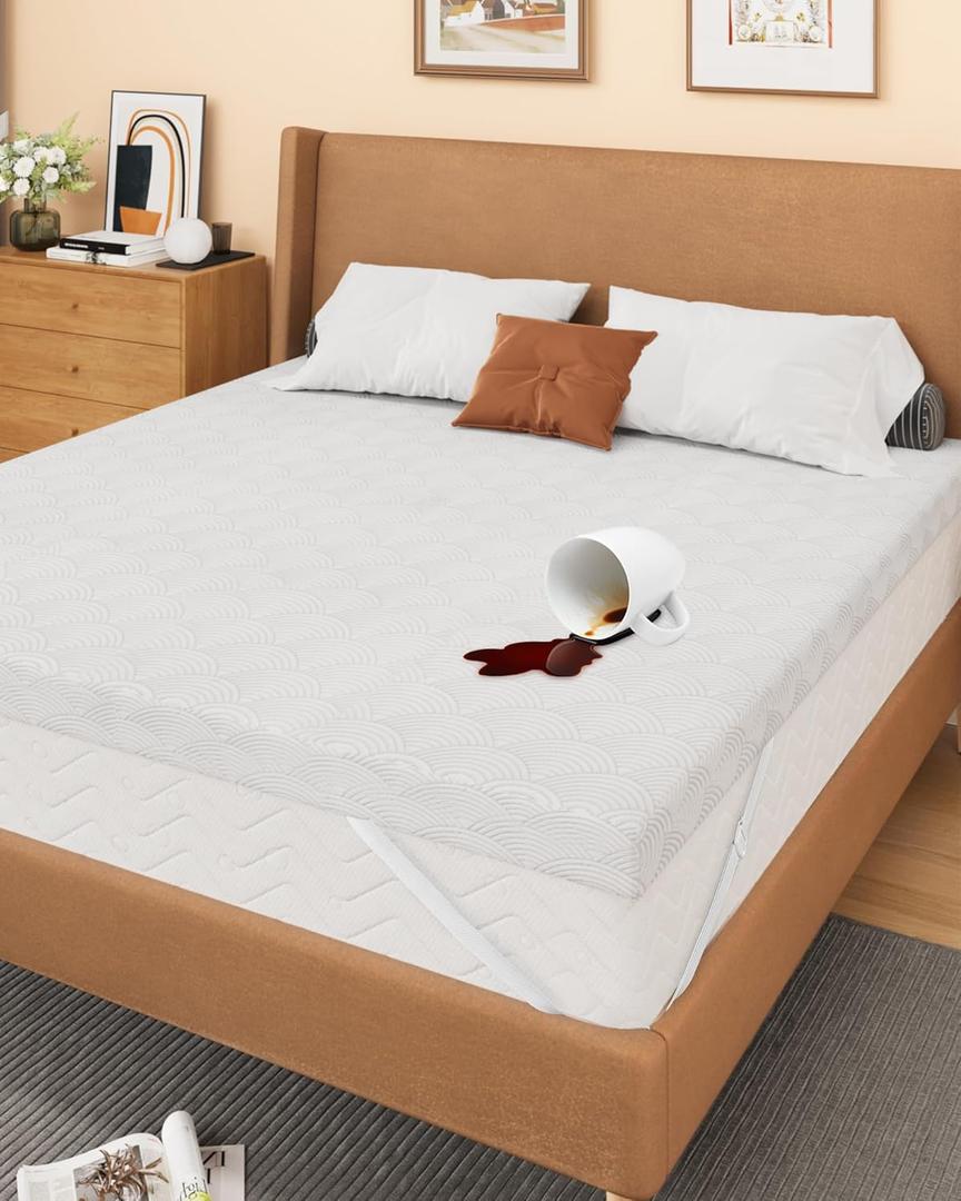 Zenzy 2" Full Waterproof Mattress Topper Cover, 100% Waterproof, Oeko-TEX Certified, Zippered Topper Protector with Adjustable Straps, Ultra-Soft and Washable (Cover Only)