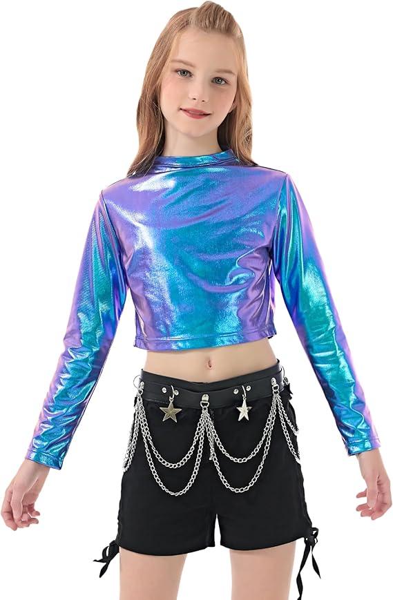 LOLANTA Metallic Dance Tops for Girls Long Sleeve Cropped Y2K Top Shiny Disco Streetwear Rave Party Festivals Costumes Size 11