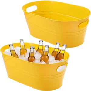 2 PCS 15.3 x 9 x 6 inches Yellow Metal Galvanized Tub with Handles, 3 Gallon Galvanized Beverage Tubs for Parties, Large Metal Drink Ice Buckets for Beer, Cocktails & Outdoor Events