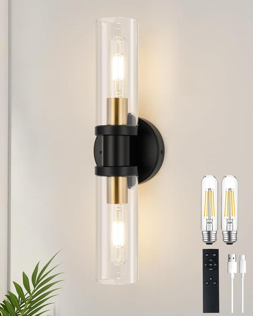 Rayogale Rechargeable Battery Operated Wall Sconce, 8000mAh Cordless Wall Light with Dimmable, Timer Function, 3000K Warm White, Easy Install for Living Room, Bedroom, Black Gold, Bulbs Included