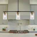 HuisMier Kitchen Island Lighting, 3 Lights Linear Farmhouse Chandelier, Black and Gold Dining Room Light Fixture with Glass Shades, Modern Pendant Light Fixture for Kitchen Island Living Room Foyer