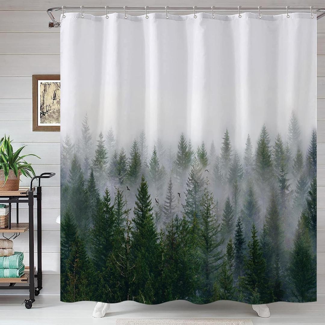 Accnicc Misty Forest Shower Curtain Dark Green Nature Shower Curtains for Bathroom Pine Tree Foggy Woodland Birds Waterproof Fabric Decorative Bath Curtain 7272 Inch