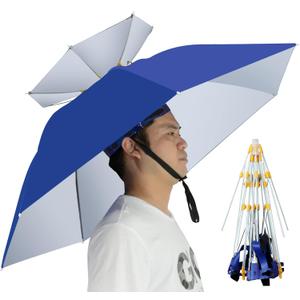 NEW-Vi Umbrella Hat Folding Adjustable Sun Rain Cap, 37.4” UPF 50+ UV Protection Large Hands Free Umbrellas, 7-Ribs Waterproof Headwear for Fishing Gardening Golf Sunshade Outdoor - Blue
