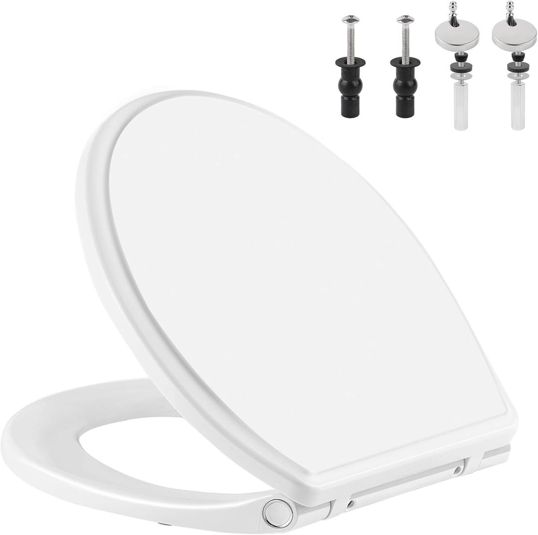 iFealClear Round Toilet Seat Soft Close with Cover, Toilet Seat Replacement with Non-Slip Toilet Bolts and Bumpers, Compatible with Kohler, American Standard, TOTO, One-Click Release, White