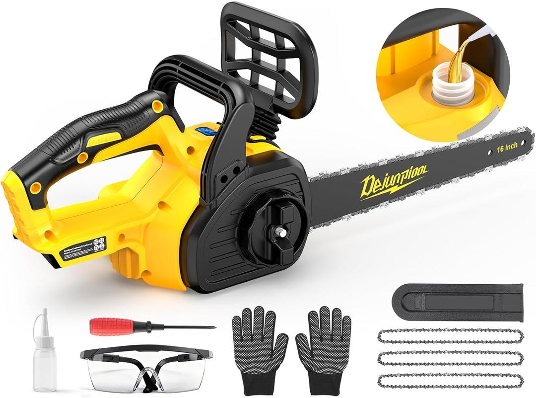 16 Inch Electric Chainsaw Compatible with Dewalt 20V/60V MAX Battery (Tool Only), Brushless Cordless Chainsaw with Auto Oiler, Battery Level Screen, 3 Chains, Handheld Pruning Saw for Tree Branch (Yellow-black-16)