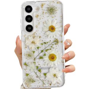 For Samsung Galaxy S23 Clear Case with Pressed Real Dried White Flower Design,Transparent Glitter Cute Floral Slim Soft TPU Protective Phone Cover for Samsung Galaxy S23