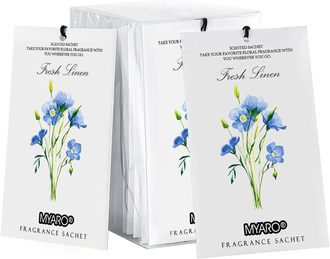 MYARO 12 Pack Fresh Linen Scented Sachets for Drawer, Closet & Car Air Freshener Bags | Odor Eliminator & Fabric Refresher | Crisp, Clean Home Fragrance Gift Set