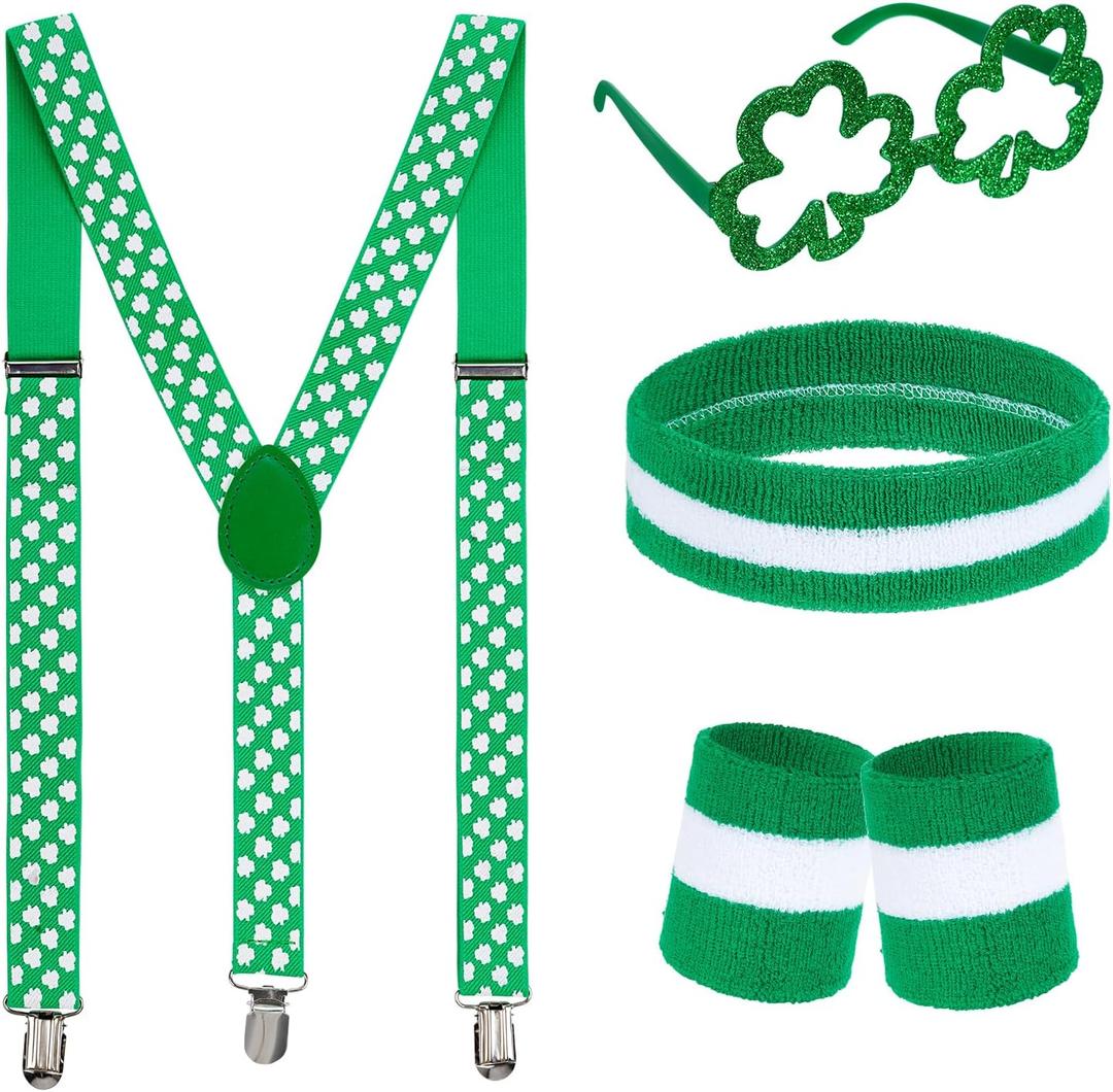 4pcs St. Patrick's Day Accessory Set - Shamrock Suspenders, Glitter Glasses, Striped Wristbands & Headband for Leprechaun Costume Irish Party Outfit