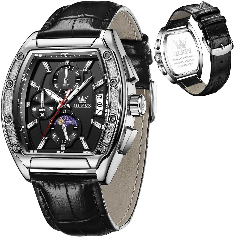 OLEVS Mens Watches Analog Quartz Chronograph Square Dress Watch For Man Stainless Steel Or Leather Band Waterproof Luminous Date Male Watch (Black Leather&Silver Black)