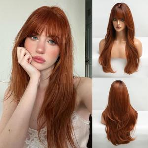 HAIRCUBE Long Auburn Wig with Bangs Layered Curly Orange Wigs for Women Natural Synthetic Wigs for Daily Use