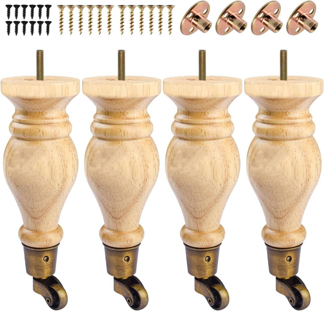 9 inch / 22cm Wooden Furniture Legs with Casters Wheels, Pack of 4 Classic Varnish Solid Wood Round DIY Replacement Bun Feet for DIY Project Sofa Couch Cabinet Ottoman Bed Riser