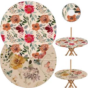 2pc Flower Round Outdoor Tablecloth with Umbrella Hole, Retro Floral Fitted Table Cover with Zipper, Waterproof Windproof Umbrella Table Cloth with Elastic(45''-54'')