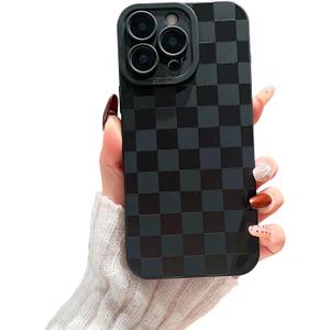 Compatible with iPhone 14 Pro Case Cute Checkered Pattern Design for Girls Women, Soft Silicone Shockproof Protective Designed for iPhone 14 Pro Case-Black