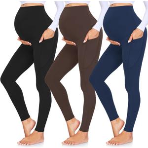 GROTEEN 3 Pack Women's Maternity Leggings with Pockets Over The Belly Workout Yoga Pregnancy Pants (X-Large, 01b-black/Coffee/Navy Blue)
