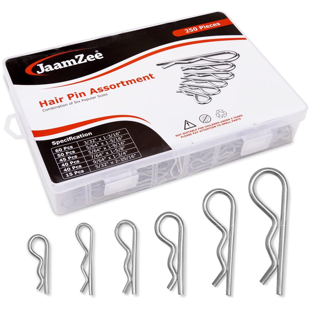 Cotter Pins 250 Pcs r pins - Sturdy & Durable Alloy Steel - R- Shaped Heavy Duty Cotter Pin Assortment Kit in 6 Different Sizes - Perfect for Mechanics, Lawn Mowers, & RV Owners