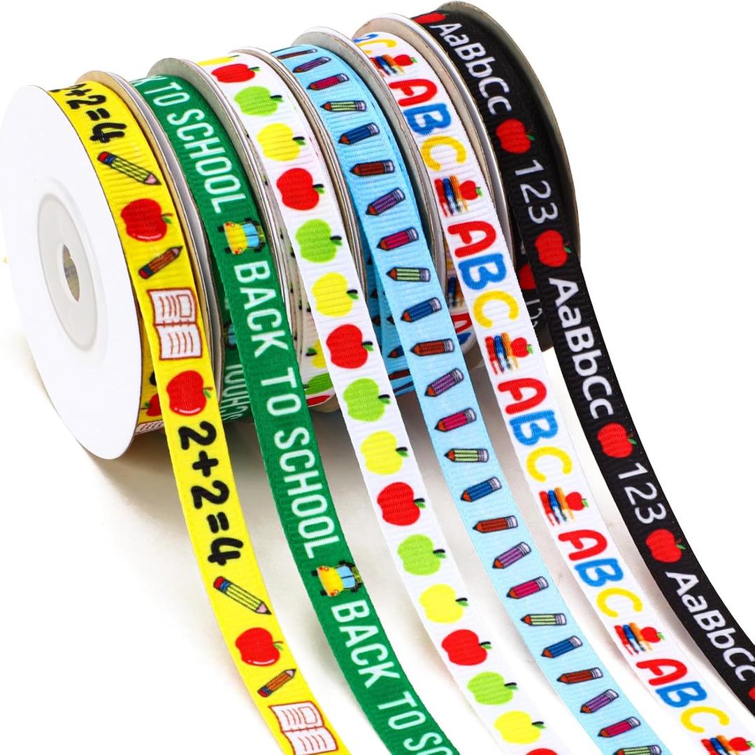 DECYOOL 6 Rolls 60 Yards Back to School Ribbons for Gift Wrapping, School Grosgrain Ribbons 10 mm Wide Pencil Apples ABC Craft Ribbons for Teacher Appreciation Gifts DIY Craft Supplies