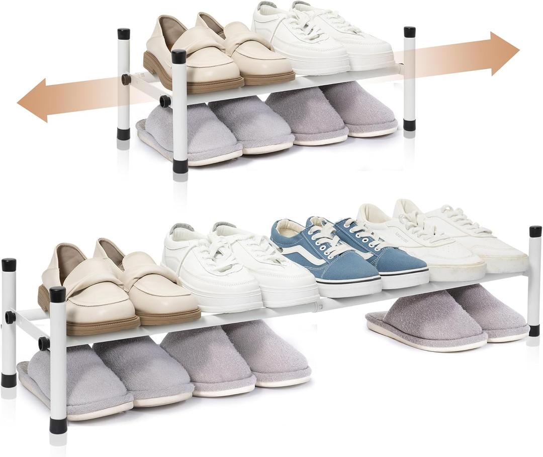 STORAGE MANIAC Expandable Shoe Rack, 4 Pairs Stackable Small Shoe Rack, Metal Adjustable Shoes Organizer for Closet, Entryway, Hallway, Garage, Front Door, Shoes Shelves, White 1 Tier