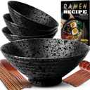 8-Inch Ceramic Ramen Bowl Set of 4 (17 Piece) - Porcelain Japanese Salad Noodles Cereal Fruit Pasta Soup Large Bowls with Recipes Chopsticks Forks Spoons for Men Women Gift Microwave Dishwasher Safe