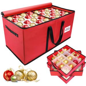 Christmas Ornament Storage Box, Ornament Storage Container with 8 Trays, Xmas Decoration Organizer Holds Up to 128 Decoration Balls, Durable 600D Oxford MaterialRed