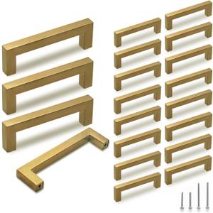 TooCust Brushed Brass Square Drawer Pulls 20 Pack, Modern Gold Cabinet Handles with 3-1/2 Inch (90mm) Hole Centers, Kitchen Cabinet Hardware and Dresser Pulls