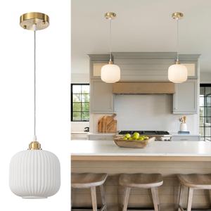 WILON 7.48'' Milk Glass Pendant Light Fixture Vintage White Ribbed Glass Pendant Light, 1-Light Farmhouse Striped Glass Pendant Light for Indoor Bedroom Kitchen Island Living Room