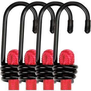 WORKPRO 24 Inch Bungee Cord with Hooks, 4 Pack Superior Rubber Heavy Duty Straps Strong Elastic Rope for Outdoor Tent, Luggage Rack, Camping, Cargo, RV, Bike, Transporting, Storage, Red