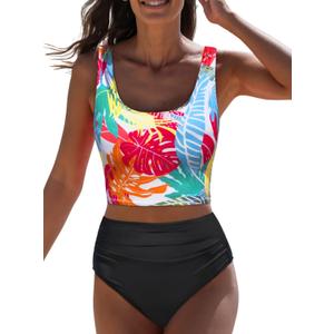popvil High Waisted Bikini Sets for Women Modest Two Piece Tummy Control Swimsuit Floral Full Coverage Black Bathing Suit (Large)