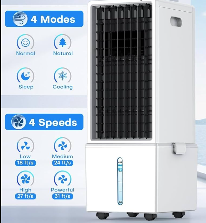 COOLECH 4-IN-1 Windowless Air Conditioner w/3.2-Gal Tank for 24H Cooling, 4 Speeds & 4 Modes, LED Touch Screen, Waterless Alert System & 12H Timer, Portable Air Conditioners for Bedroom