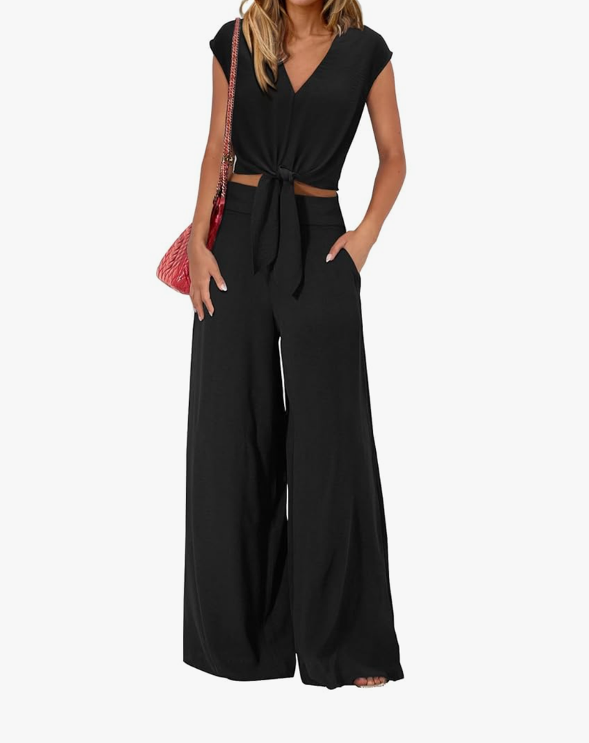 PRETTYGARDEN Women's Summer 2 Piece Outfits 2025 Cap Sleeve V Neck Belted Crop Tops Wide Leg Pant Sets Casual Tracksuit
Size M