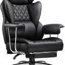 COMHOMA Big and Tall Office Chair, High Back Leather Gaming Chair with Footrest, Executive Ergonomic Office Chair with Pocket Spring Lumbar Support and with Outward Fixed Soft Armrests (Deep Black)