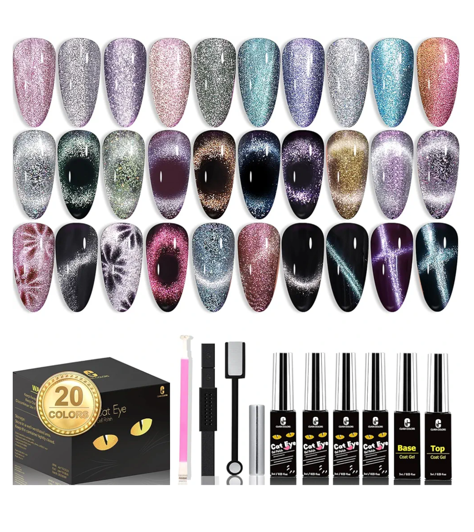 Clara Colors Magnetic Nail Polish - 20 Colors Cat Eye Gel Polish Kit Holographic Glitter Cat Eye Nail Polish with 4 Magnet, Black White Base Top Coat Gel Soak Off LED Manicure Salon DIY Art Gifts