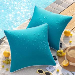 Phantoscope Pack of 2 Outdoor Waterproof Solid Throw Decorative Pillow Cover Decorative Square Outdoor Pillows Cushion Case Patio Pillows for Couch Tent Sunbrella, Teal Blue 18x18 inches 45x45 cm