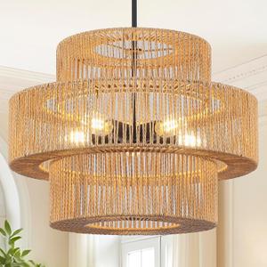 22" Boho Hand Woven Rattan Chandelier Light Fixtures, 5-Lights Farmhouse Pendant Light for Kitchen Island, 3 Round Large Wicker Chandeliers for Dining Room, Living Room, Bedroom, Hallway
