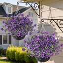GLIDLION Artificial Flower & Eucalyptus with Hanging Basket - 2PCS Faux UV Sun Resistant Morning Glory in Planter, Fake Colorful Silk Flowers for Spring Summer Porch Patio Balcony Yard Decor (Purple)