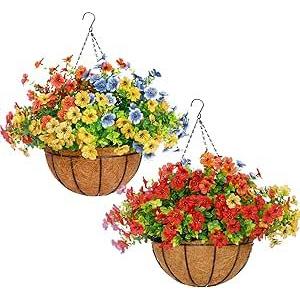 Mecai 2 Pack 12 inch Hanging Basket with 26 Bundles Artificial Daisy Flowers for Outdoor, Lifelike Silk Floral Arrangement for Porch Garden Balcony and Home Patio Yard Decor (Multicolor)