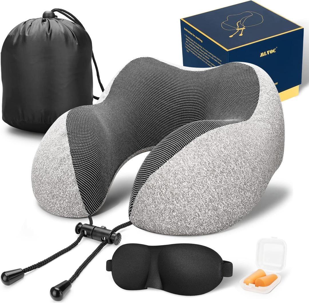 MLVOC Neck Pillow for Traveling, Upgraded 100% Pure Memory Foam Travel Neck Pillow for Airplane Flight Sleep, Breathable & Machine Washable Cover, Travel Kit with 3D Eye Mask, Earplugs & Bag, Grey