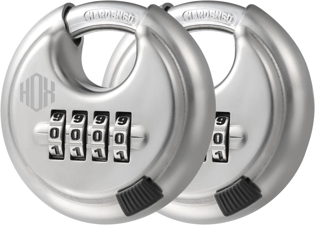 HOX Combination Lock, 4 Digit Disc Padlock with 3/8 Inch Hardened Steel Shackle, 2-3/4 Inch Wide Body, Keyless Heavy Duty Combo Lock for Hasp Latch, Sheds, Fences, Storage Locker (2 Pack)