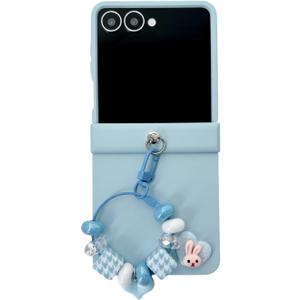 for Samsung Galaxy Z Flip 7 Case, Cute Rabbit Cartoon Pattern Flip 7 Phone Case, Fold Phone Cover for Women Ladies Girls with Bracelet (Blue)