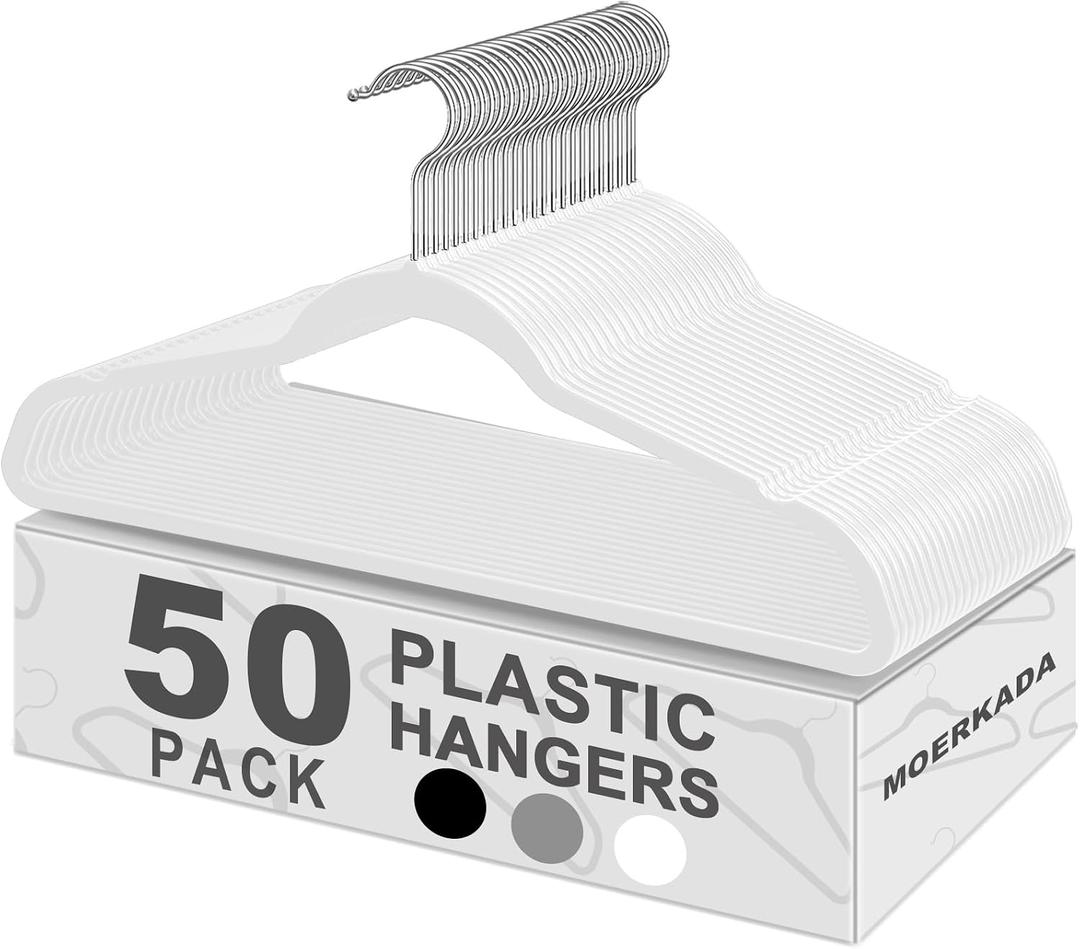 50 Pack Slim Plastic Clothes Hangers,White | 17.7 in adult size, 0.2 in profile, non-velvet ABS, anti-slip grooves, Closets/dorms/laundry