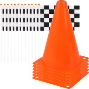 Mini Traffic Cones With Hole on Top with Racing Checkered Flags, Sports Safety Cones for Soccer Cones and Basketball Practice Equipment - Mini Orange Cones for Soccer Practice and Small Driving Practice Cones Race Car Birthday Party Supplies, Kids Gift. (6PCS Cones) (18PCS)