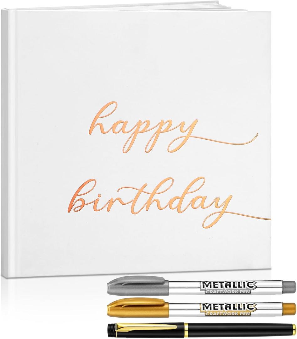 Engrowtic Birthday Scrapbook for 16th 18th 50th 60th, Happy Birthday Guestbook 7.87 x 7.87 Inches Photo Booth Album Signature Book with Gold Silver and Black Gel Pens, 72 Sheets (White)